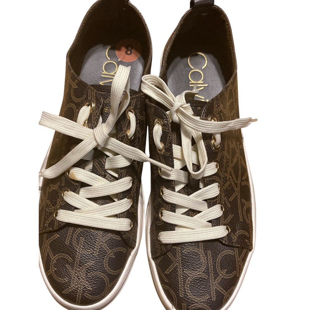 Calvin Klein Womens Monogram Logo Lace Up Sneakers Brown Size 8M Low Top‎ Shoes